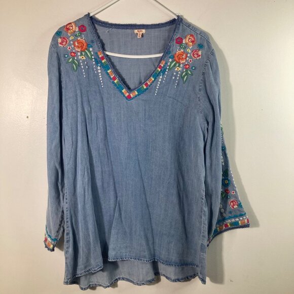 Womens Reba V Neck Chambray Embroidered Shirt XL 3/4 Sleeve Blue Orange White - Picture 1 of 10